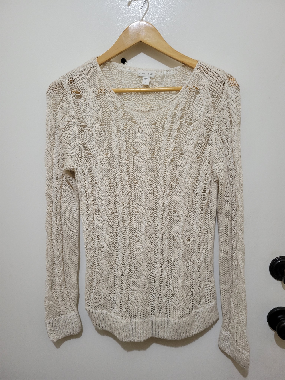 Garnet Hill Cream Cable Scoop Neck Sweater - Size Small